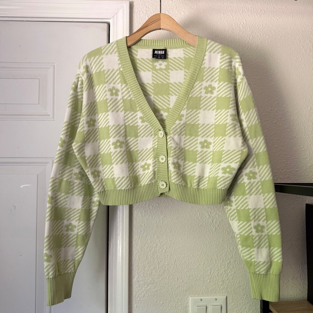 MINGA London green white cotton plaid daisy floral boxy cropped cardigan sweater